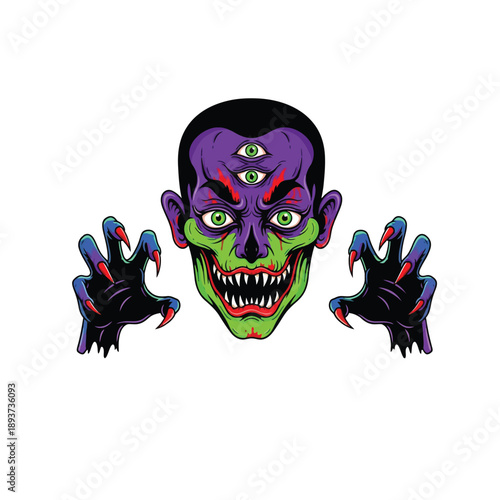 Scary three eyed monster head with sharp teeth and claws, creepy zombie creature illustration, colorful horror pop art vector