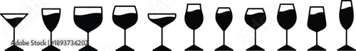 Glass for drink icons. Cocktail and alcoholic drink for party liquid martini with ice bar pictogram vector collection. Illustration of alcohol drink, martini beverage and whiskey