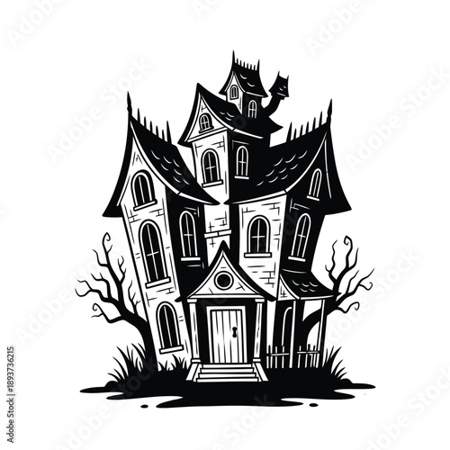 Spooky haunted house mansion, creepy Halloween Victorian building illustration, black and white vector line art