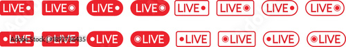 Set of live streaming icons. Red symbols and buttons of live streaming, broadcasting, online stream. Lower third template for tv, shows, movies and live performances. Vector