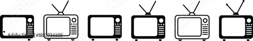 Old vintage TV icon symbol set. Television, Front View. TV Receiver. Old Analog Television TV collection With Antennae