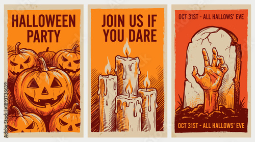 Vintage Halloween Party Invitation Posters Set. Retro Triptych Flyers with Jack-O-Lanterns, Spooky Candles, and Zombie Hand Rising from Grave.