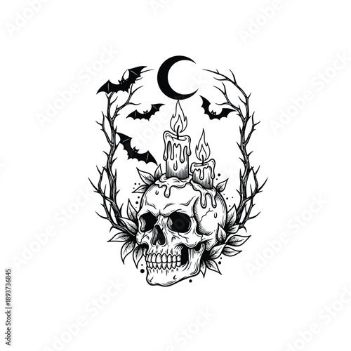 Gothic skull with melting candles and crescent moon, mystical occult tattoo design, black and white vector illustration
