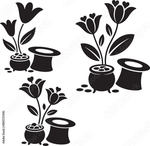 Black silhouette of tulips growing from a magic hat and pot
