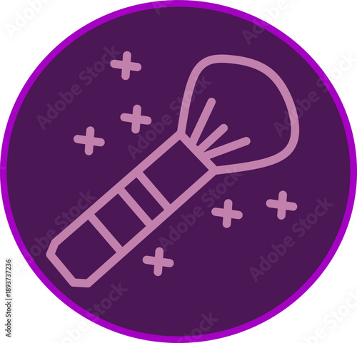 Minimal magic wand icon with sparkles in soft pink line style on purple circular background, symbolizing creativity, fantasy, enchantment, and design tools.