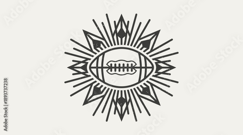 Distressed Football Eye Symbol Logo. Vintage Sunburst American Football Emblem with Mouth and Teeth in Retro Grunge Style.