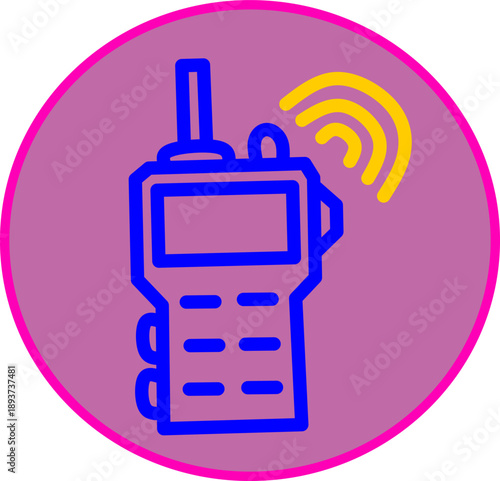 Walkie talkie radio icon with wireless signal waves in circular badge, communication device symbol for security, emergency, technology, app UI, flat design.