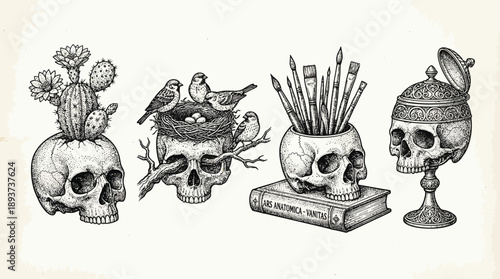 Vanitas Skulls Set: Engraved Vector Illustrations of Death, Art, and Nature. Vintage Anatomy Etching with Birds Nest, Cactus, and Paintbrushes.