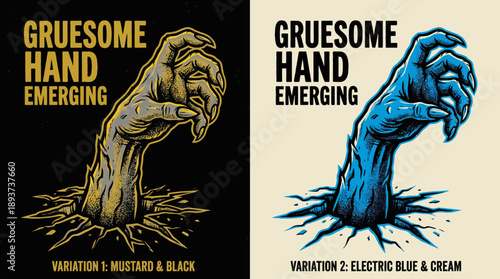 Vintage Gruesome Hand Emerging from Cracked Earth Vector Illustration. Two Color Variations: Horror, Zombie, Retro Graphic Design