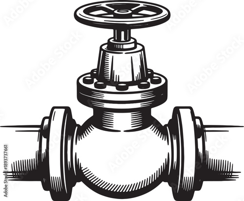 Industrial Water Valve Illustration, Manual Valve Handle and Pipe Fittings for Plumbing and Engineering
