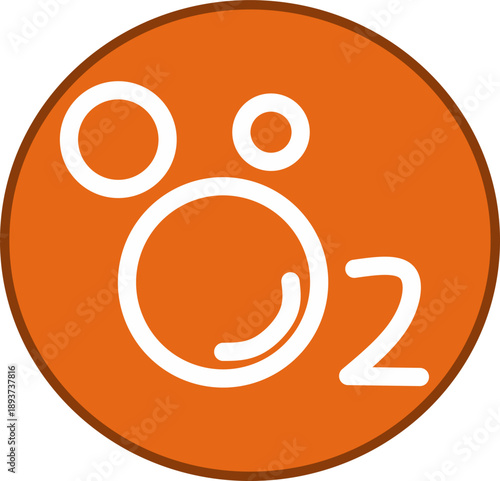 Oxygen O2 icon with stylized bubbles and lettering in white on an orange circular background, minimalist flat vector symbol for science, chemistry, and air concepts.