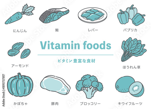 ビタミンが豊富な食材のイラストセット（野菜・肉・魚・果物）