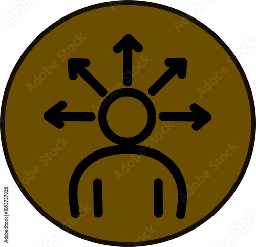User focus icon showing a human figure with directional arrows around the head on a gold circular background, minimalist flat vector symbol for strategy and control.