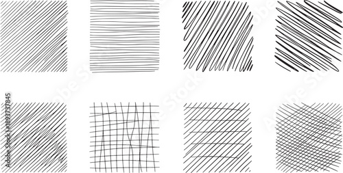 Various hand-drawn line patterns fill eight individual square frames, providing a versatile collection of abstract textures and hatching styles for graphic design projects and creative backgrounds.
