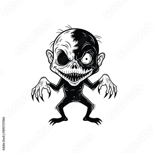 Scary creepy monster with sharp teeth and claws, horror creature mascot, black and white vector line art