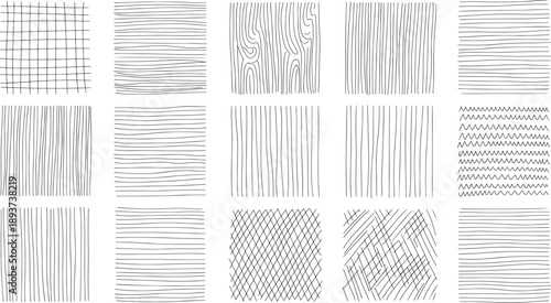 Assortment of various gray scale line-work texture blocks displaying vertical, horizontal, and diagonal strokes across a white surface for artistic purposes.