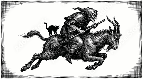 Hag Witch Riding Demonic Goat and Black Cat. Vintage Occult Engraving Illustration for Halloween and Black Magic.