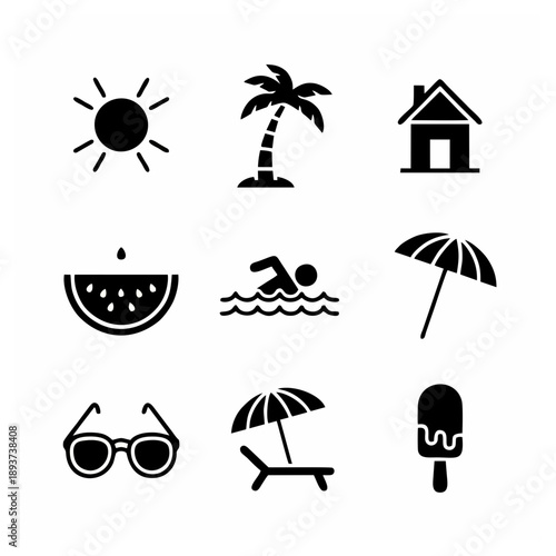Summer vacation scene with beach elements, leisure activities, and tropical symbols depicted in simple black icons