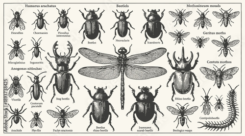 Vintage Entomology Chart: Scientific Diagram of Beetles, Moths, Dragonfly, Flies, and Arachnids. Antique Engraving Style Taxonomy Illustration.