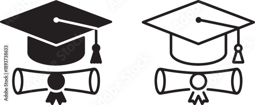 Two distinct pairs of graduation cap and rolled diploma visuals appear together, contrasting a solid filled design with a simple line art version for contrast.