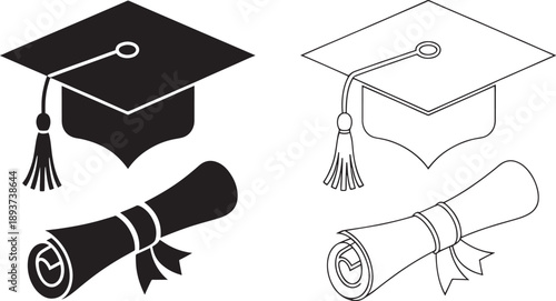 Two distinct vector illustrations feature a graduation cap with a tassel and a rolled diploma, one presented as a solid black silhouette and the other as a detailed outline, effectively representing.