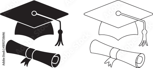 Black and white graduation cap and diploma scroll icons are presented side-by-side in solid fill and outline styles for academic achievement representation.