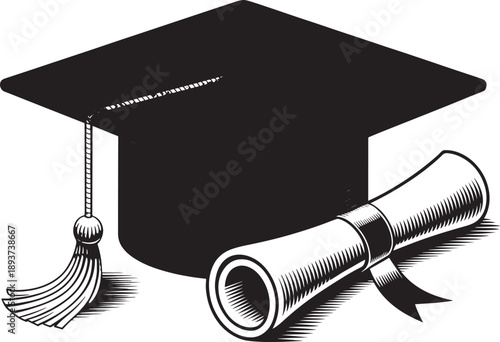 A classic black graduation cap with a prominent tassel is meticulously illustrated alongside a rolled diploma scroll tied with a ribbon, collectively symbolizing academic achievement, successful.