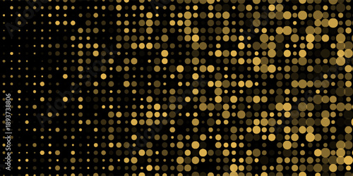 Abstract luxury banner with golden glittering dots on black background. Sparkling glitter bottom border, vector frame. Halftone effect. Magical gold dust. Pop art style backdrop.