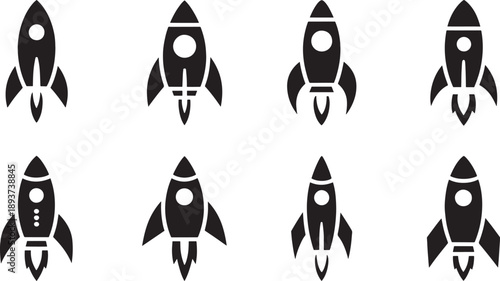 A selection of eight stylized rocket ship icons launch upwards in two rows, symbolizing speed, technology, and space exploration ventures.