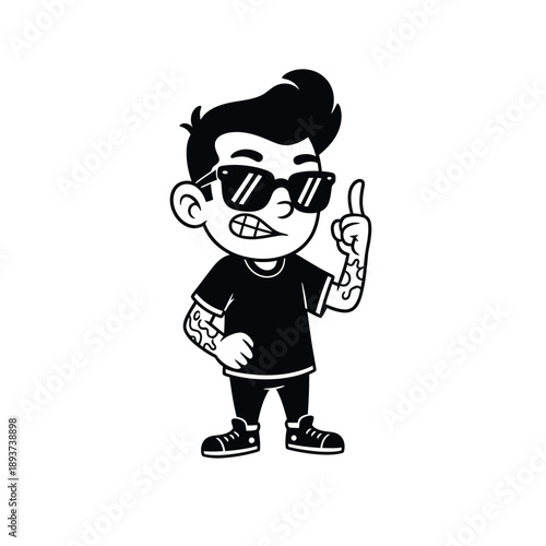 Cool tattooed guy wearing sunglasses pointing finger, urban streetwear male character, black and white vector line art