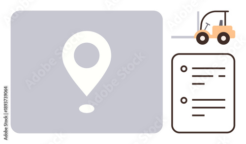 Supply chain, logistics coordination, shipment tracking, transportation, inventory management, order processing. Location marker, forklift document icon. Supply chain and logistics coordination