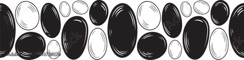 A horizontal border pattern features alternating rows of solid black ovals and sketched white circles creating an abstract decorative graphic.