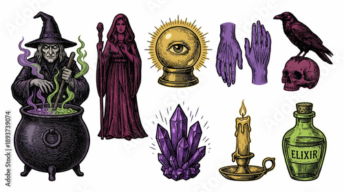 Vintage Witchcraft and Occult Icons Set. Engraving style collection with witch, cauldron, crystal ball, skull, raven, and elixir potion.