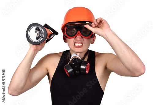 Construction worker wearing safety goggles