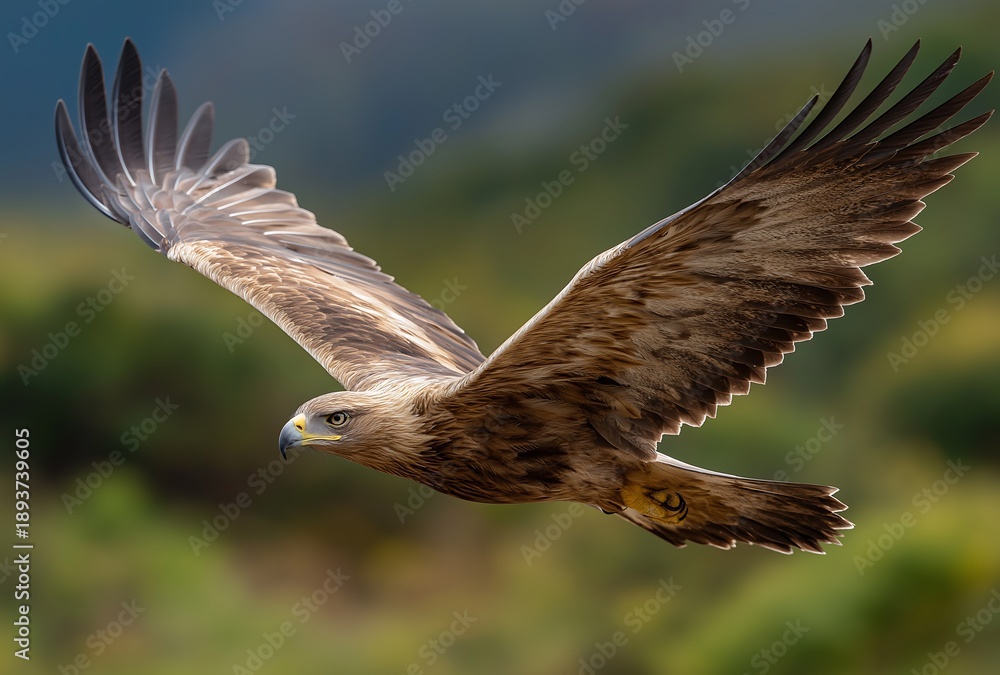 Fototapeta premium A brown bird with wings spread wide in flight