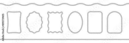 Rope border frames in rectangle and oval shapes with twisted texture isolated on white background. Pattern rope brush