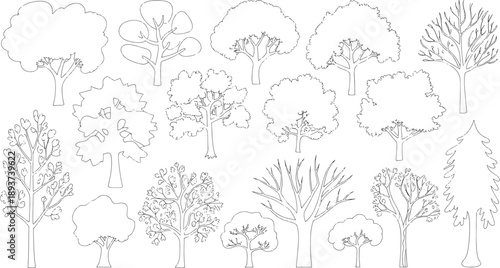 An assortment of various line art tree shapes are grouped together, illustrating different branching patterns and foliage densities for drafting purposes.