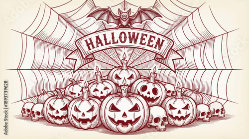 Halloween Banner Engraving Style Vector. Jack-o'-Lanterns, Skulls, and Bat Illustration with Cobweb Background.