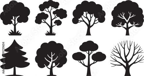 Several dark silhouette icons showcase a range of tree shapes including broadleaf, rounded canopy, and bare winter varieties on a stark white background.