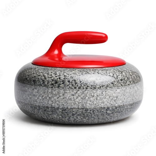 A round stone with a smooth surface and red handle is ready to be used in a curling game. This sport focuses on sliding stones on a sheet of ice during winter events
