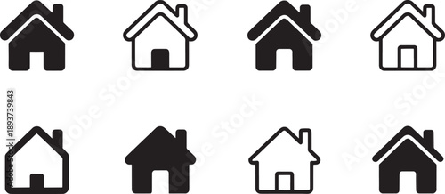 Eight various interpretations of the home symbol are displayed using solid fill and outline styles, suitable for selection in user interface kits.
