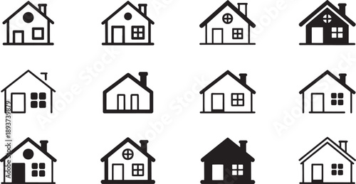 Grid of simple black and white house symbols illustrating different variations of residential structures for web or application interface use.