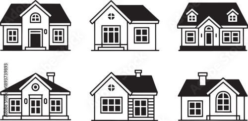 Six detailed black and white line art renderings of traditional single-family residences feature various rooflines and window placements.