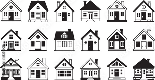 A densely packed grid array displaying twenty-one unique residential house illustrations, alternating between filled black and simple white outline styles.