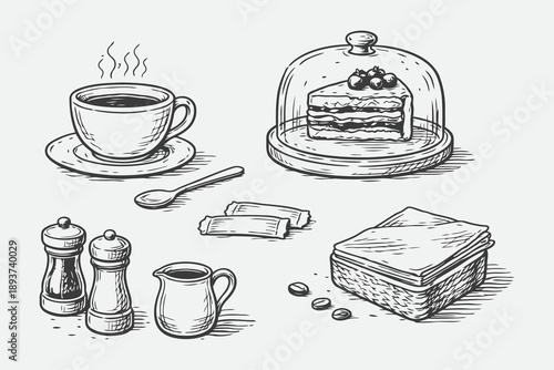 Hand Drawn Cafe Table Essentials Sketch Vector Collection