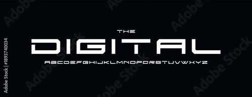 Futuristic digital logo font, wide sci-fi alphabet. Sharp geometric typeface for tech headline, cyber interface, gaming HUD, modern UI design, space display, sport team branding. Vector typography