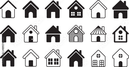 Collection of eighteen distinct house and home icons rendered in contrasting solid black and outline styles against a white background for real estate application.