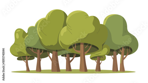 A dense cluster of stylized, rounded green trees with thick brown trunks stands upon a narrow strip of ground against a white background.