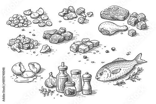 Hand Drawn Raw Cooking Prep Ingredients Sketch Vector Set