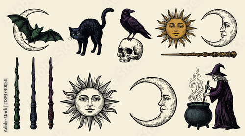 Vintage Witchcraft and Magic Symbols Engraved Collection. Sun, Moon, Bat, Skull, Black Cat, Raven, Witch, Cauldron, Occult Elements Set.